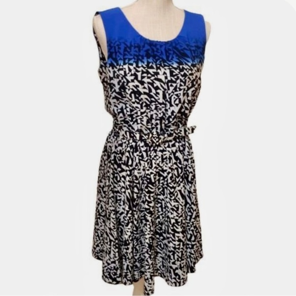 Alfani royal blue fade white and black abstract belted dress size 6P